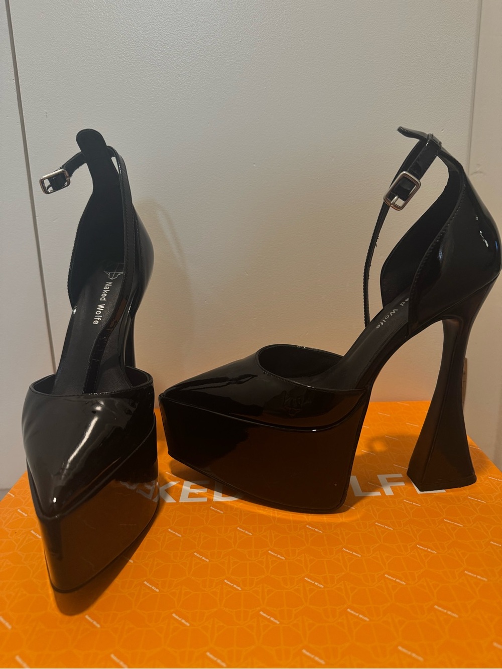 Naked Wolfe Black Patent Platform Ankle-Strap Heels